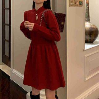 Long-sleeve Cut-out Knit Top / Mini A-line Dress