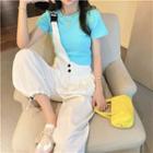 Short-sleeve Cropped T-shirt / One-shoulder Buckled Wide Leg Suspender Pants