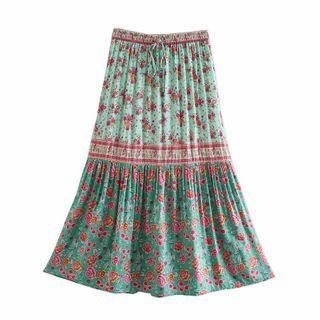 Band-waist Floral Midi A-line Skirt