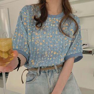 Elbow-sleeve Contrast Trim Floral Chiffon Top