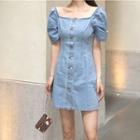 Single-breasted Puff-sleeve Slim-fit Denim Dress