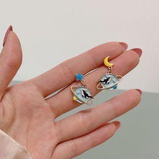 Whale Planet Asymmetrical Alloy Dangle Earring 1 Pair - Ear Studs - Black & White & Blue & Gold - One Size