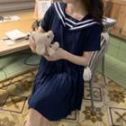 Sailor-collar Short-sleeve Pleated Midi Dress