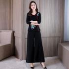 Long-sleeve Embroidered Top / Wide Leg Pants