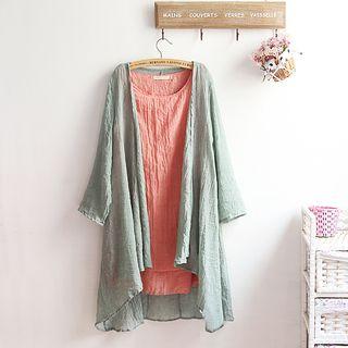 Set: Crinkled Sleeveless Top + Long Jacket