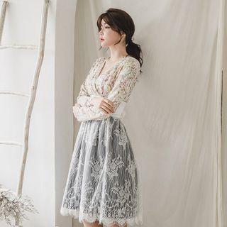 Set: Hanbok Flared Mini Dress (floral / Ivory) + Skirt (midi / Navy Blue)