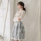 Set: Hanbok Flared Mini Dress (floral / Ivory) + Skirt (midi / Navy Blue)