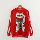 Cat Print Sweater Red - One Size