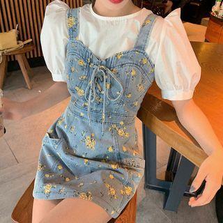 Puff-sleeve Blouse / Flower Print Mini Pinafore Dress