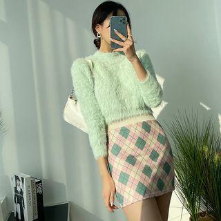 Band-waist Argyle Pencil Miniskirt