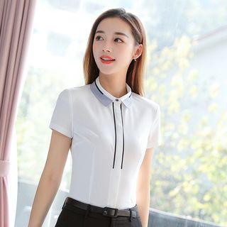 Contrast Trim Short-sleeve Shirt / Plain Pencil Skirt / Straight-cut Pants