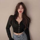 Long-sleeve Knit Crop Top Black - One Size