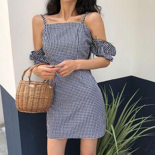 Gingham Cold-shoulder Mini Sheath Dress Plaid - One Size