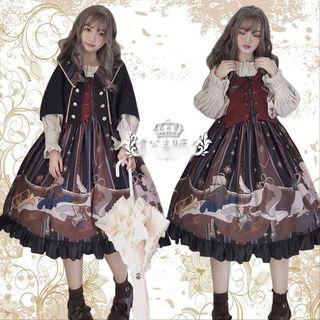 Contrast Trim Cropped Cape / Lantern-sleeve Blouse / Lace-up Sleeveless A-line Dress