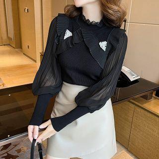 Long-sleeve Embellished Frill Trim Knit Top
