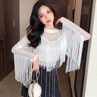 Long-sleeve Fringed Top / Mini A-line Skirt