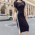 Contrast Trim Short-sleeve Sheath Midi Dress Black - One Size