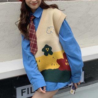 Long-sleeve Shirt / Jacquard Knit Vest / Neck Tie