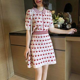 Set: Heart Jacquard Short-sleeve Knit Top + Knit Skirt