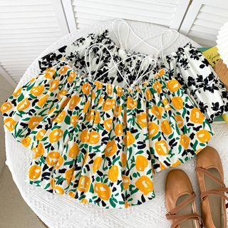 Boatneck Pearl-strap Floral Crop Top