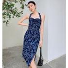 Rose Print Denim Slim-fit Halter Dress