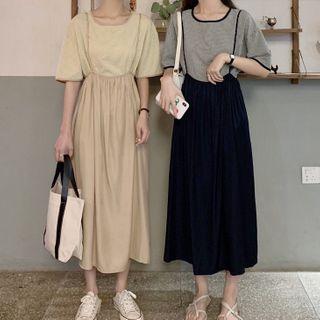 Elbow-sleeve Striped T-shirt / Suspender A-line Midi Dress