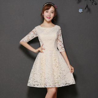 Lace Panel Elbow-sleeve Bridesmaid Dress