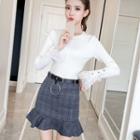 Lace Panel Long-sleeve Knit Top / Plaid Ruffle Hem A-line Skirt
