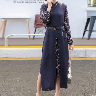 Set: Floral Print Long-sleeve Midi Chiffon Dress + Slit Front Knitted Pinafore Dress