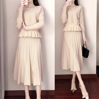 Set: V-neck Peplum Knit Top + A-line Knit Skirt