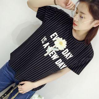 Lettering Flower Embroidered Striped Short Sleeve T-shirt