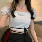 Puff-sleeve Bow Cropped Blouse / Tie-strap Slit Mini Pencil Skirt