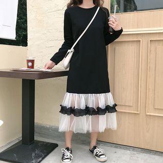 Long-sleeve Mesh Hem Midi Dress