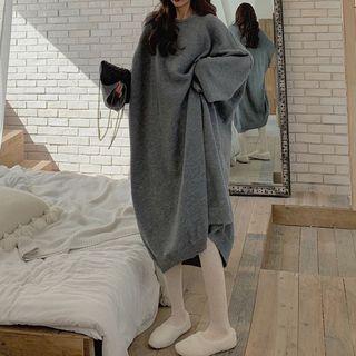 Round-neck Knit Dress Gray - One Size