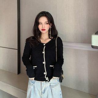 Pearl Button Knit Color-block Long-sleeve Cardigan
