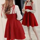 Set: Long-sleeve Sheer Top + Strappy A-line Mini Dress