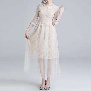 Elbow-sleeve Lace Panel A-line Mesh Dress