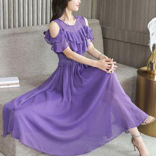 Open Shoulder Frilled Short-sleeve Chiffon Dress