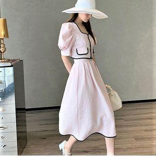 Set: Puff-sleeve Contrast Trim Blouse + Midi A-line Skirt