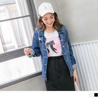 Elbow Sleeve Cat Print T-shirt