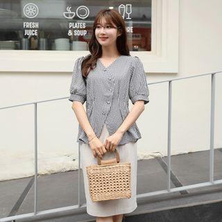 Pleated Gingham Peplum Blouse