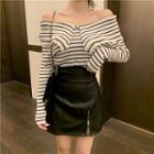 Striped Off-shoulder Knit Top / Faux Leather A-line Mini Skirt