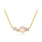 925 Sterling Silver Plated Gold Elegant Simple Freshwater Pearl Necklace With Cubic Zirconia Golden - One Size