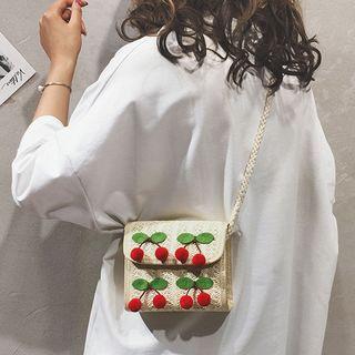 Cherry Detail Straw Crossbody Bag