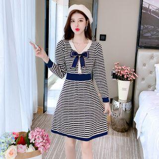 Long-sleeve Bow-accent Striped A-line Dress