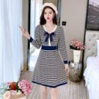Long-sleeve Bow-accent Striped A-line Dress