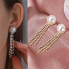 Faux Pearl Rhinestone Fringed Earring 1 Pair - 01 - Gold - One Size