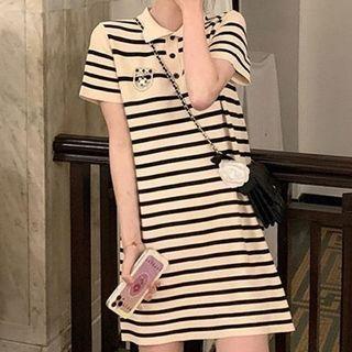 Short-sleeve Striped Knit Mini Polo Dress