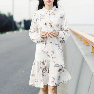 Floral Print Long Sleeve Midi Collared Dress