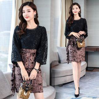 Lace Panel 3/4 Sleeve Velvet Peplum Dress